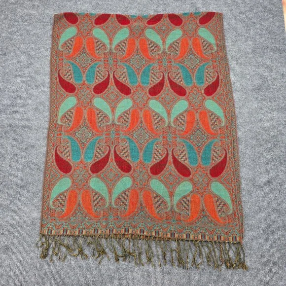 Paisley Pashmina Shawl Wrap Orange Teal Red Woven Fringed Scarf Rectangular
