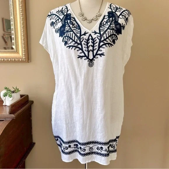 Tory Burch Embroidered Beach Caftan Cover-Up Mini Dress Navy Blue White Linen S