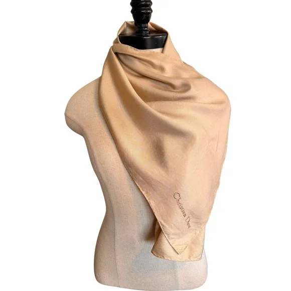 Christian Dior Silk Scarf Champagne Beige Ribbed Embroidered Logo Made in France