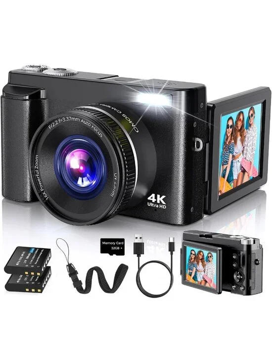 48MP 4K Digital Camera for Vlogging & Photography, 180° Flip Screen, Compact