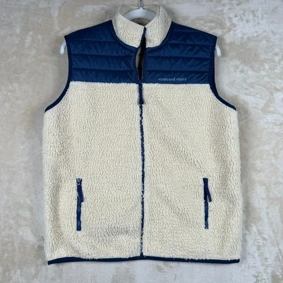 Vineyard Vines Boys XL 18 Sherpa Fleece Vest Navy Cream Quilted Colorblock Zip
