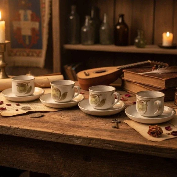 Denby Troubadour Teacups & Saucers, Set of‎ 4, Vintage England Stoneware Service