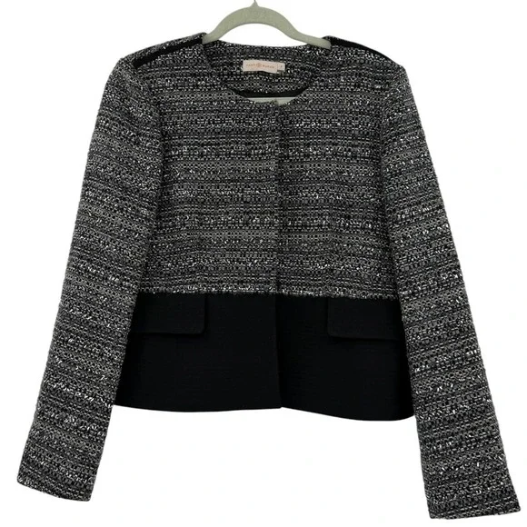 Tory Burch Metallic Tweed Mixed Media Peplum Jacket Grey Black Size 10