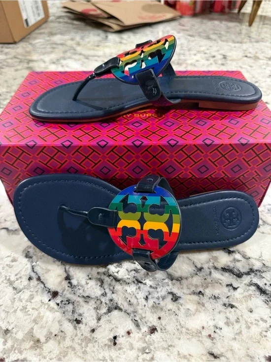 Tory Burch Navy Leather Sandal with Rainbow Logo Accent