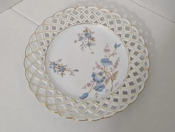 Antique Altrohla Austria Reticulated Plate Floral Gold Lattice Pierced