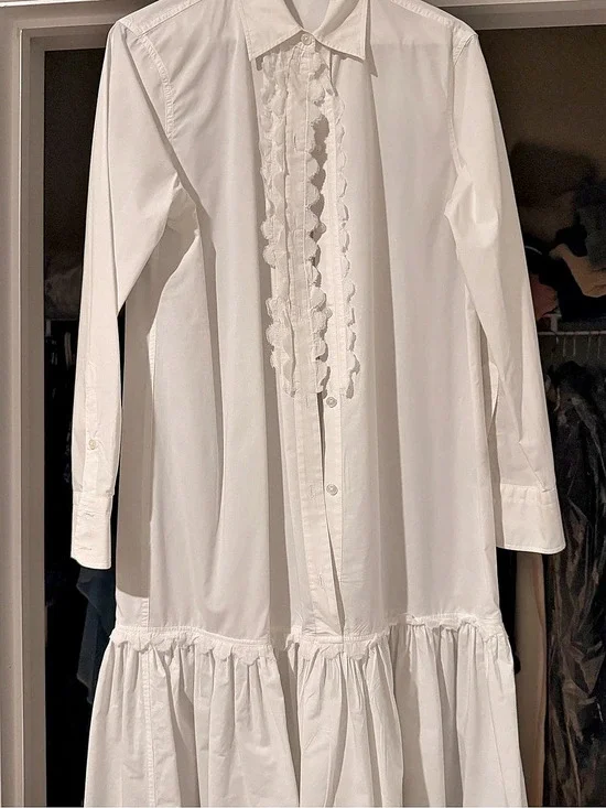 Tory Burch Scalloped Cotton Shirt Dress White Small Like New