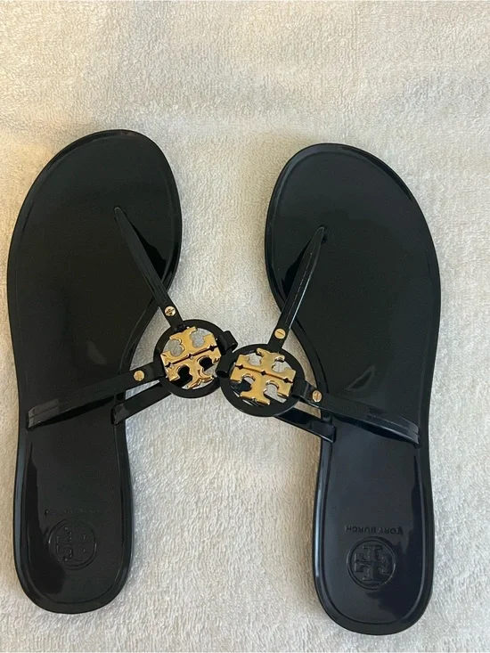 Tory Burch Black Jelly Logo Sandals Gold Hardware Size 10