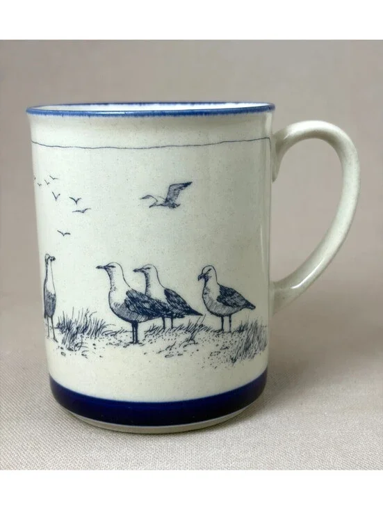 Vintage Seagulls Coffee Mug Nautical Coastal Shore Birds Ceramic Tea Cup Blue