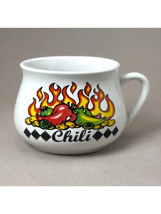 Vintage Houston Harvest Chili Soup Mug Bowl Handle Hot Peppers Flame Ceramic Cup