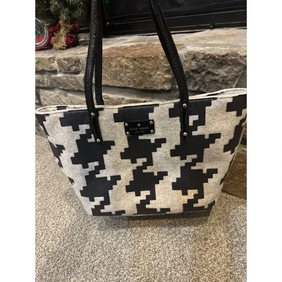 Kate Spade Telltale Twinkle‎ Tote Set Black Sparkle Cream Wool Houndstooth