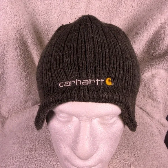 Carhartt Firesteel Beanie‎ Hat Mens One Size Gray Logo Acrylic Ribbed Ear Flaps