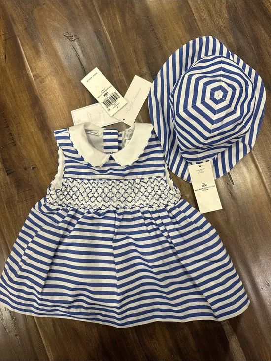 NWT Ralph Lauren Baby 18M Hand Smocked Dress /Sun Hat Blue Stripe Organic Cotton