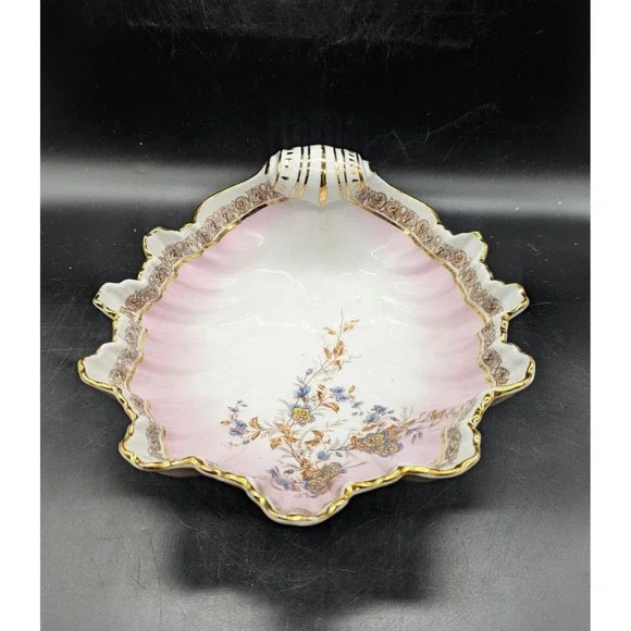 Antique Pink Hand Painted German Porcelain Seashell Serving Bowl Flowers 9.5