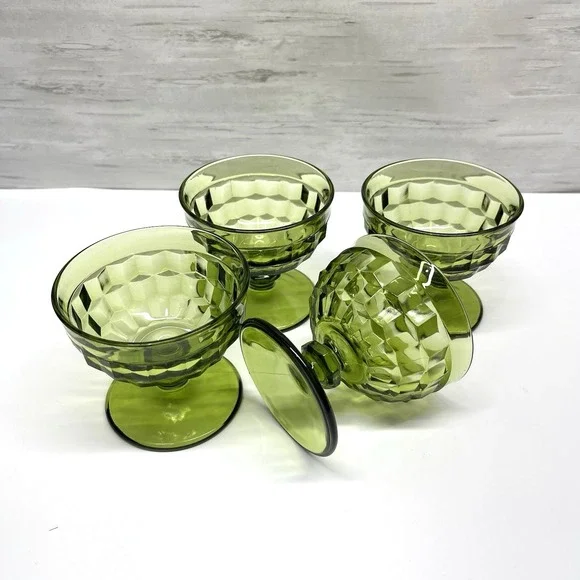 Vtg Indiana Glass Avocado Green‎ Footed Cubist Sherbet Dessert Dishes Lot of 4