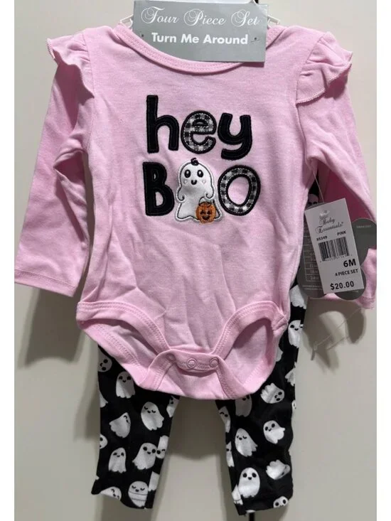 Baby Essentials 6m NWT Halloween 4pc set pink black Ghost socks headband HEY BOO
