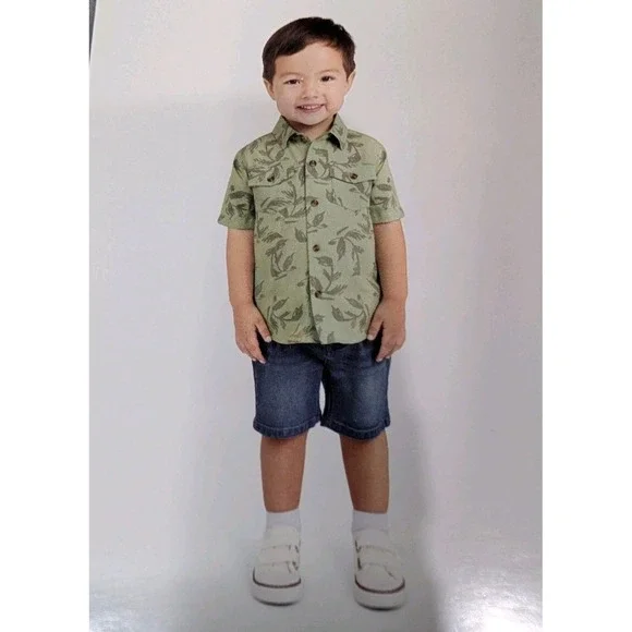Koala Kids Boys‎ 2-Piece Set Sage Button Up Shirt & Denim Shorts NWT Size 3T