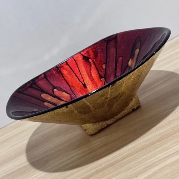 VTG Bowl Red Gold Black Enamel On Glass Underside Gold Foil Paint Italy Pier 1