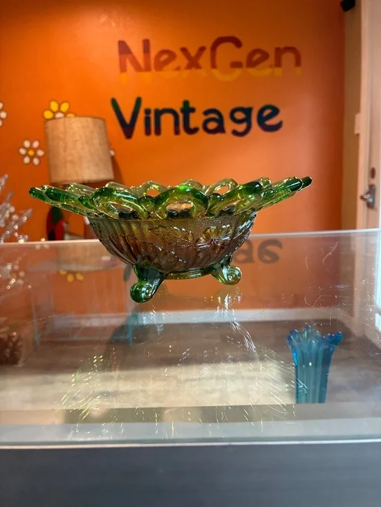 Northwood Antique Wild Rose Green Carnival Glass Open Edge Bowl
