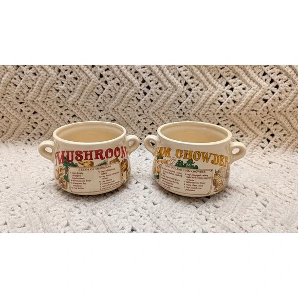 Vintage Recipe Soup Mugs Set of 2 Mushroom and Clam Chowder Ceramic Bowls Japan