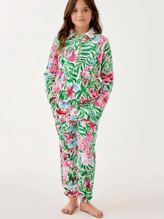 LILLY PULITZER mini eleni velour half zip pullover and joggers in glowing garden