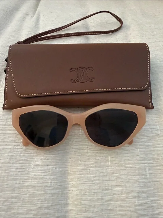 Celine Beige Cat-Eye Sunglasses with Brown Wristlet Case