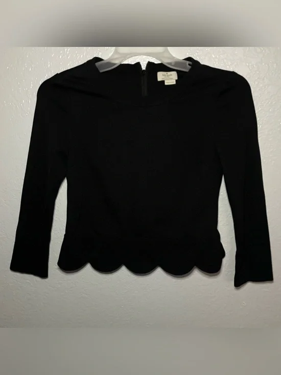 kate spade Black Scallop-Hem Long Sleeve Top - Clean Neckline