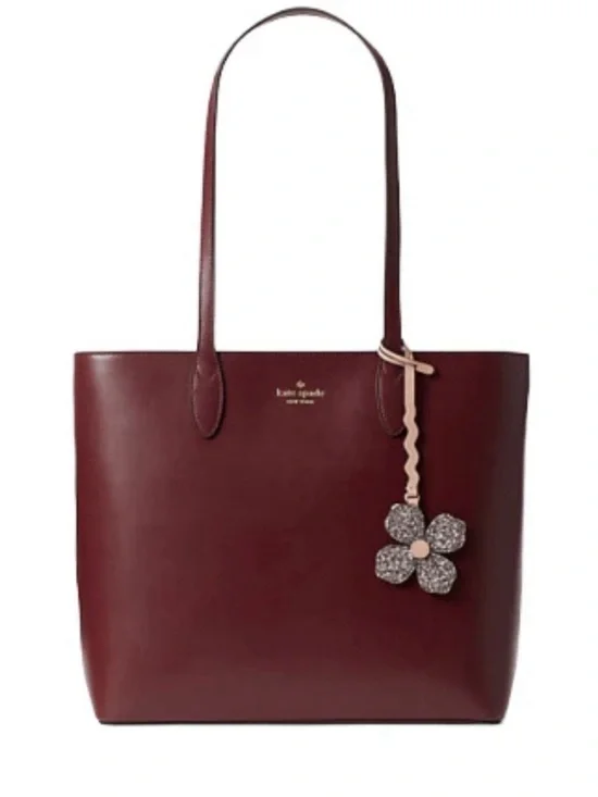 Kate Spade Kerri Medium Tote Bag Burgundy Leather with Glitter Flower Charm