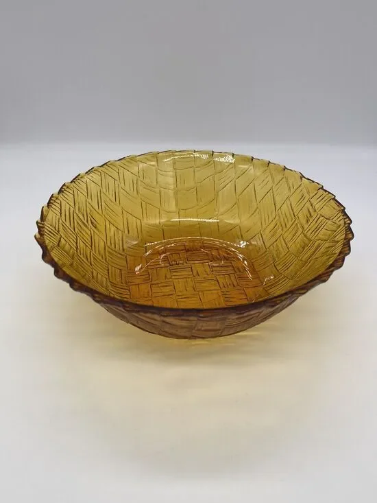 Vintage Basket Weave Pattern Amber Glass Bowl 9” Wide