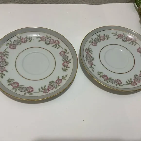 Noritake 5433 Saucer Red and Gray Flowers Gray Band Japan set of 2 G5