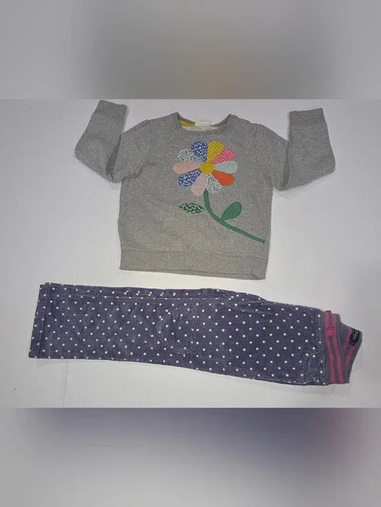 Mini Boden Gray Sweatshirt & Navy Polka Dot Matching Set with Colorful Flower
