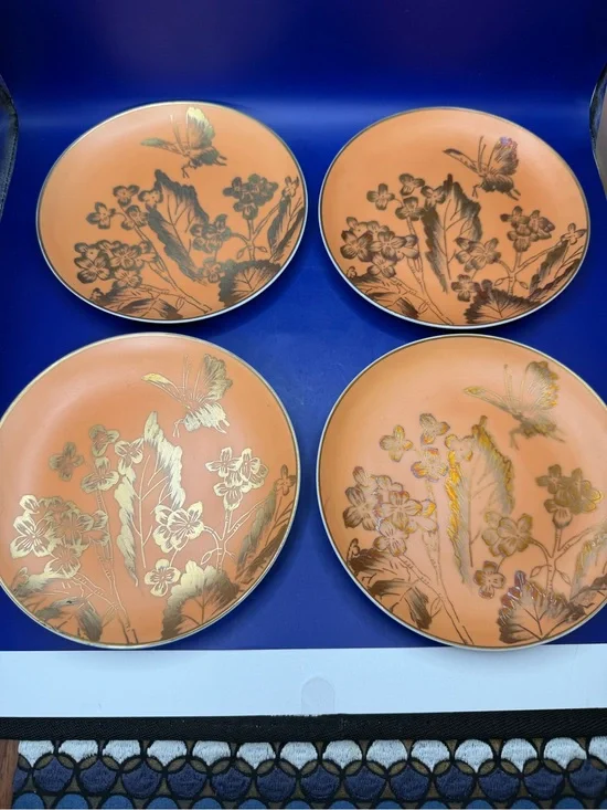 Dorothy C. Thorpe Persimmon Gold Butterfly Pattern China 4 Bread & Butter Plates