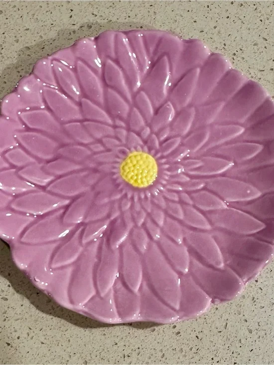 The Spring Shop Pink Floral Ceramic Plate with Yellow Center Accent