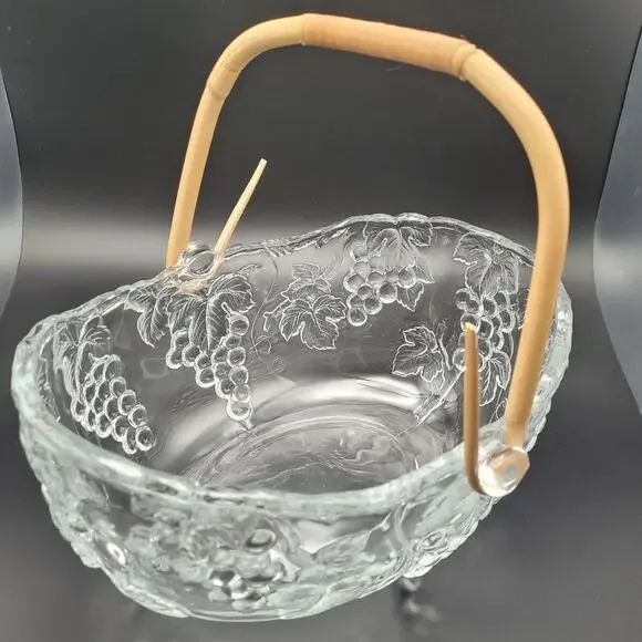 Vintage Aderia Clear Glass Basket With Fruit Grapes Wooden Handle Made In Japan