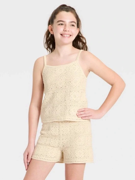Art Class Girls Crochet Tank Top & Shorts Set In Cream