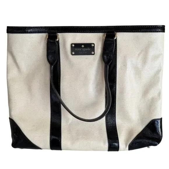 Kate Spade Clinton Hill Dama Tote Bag Cream Tweed Black Patent Leather
