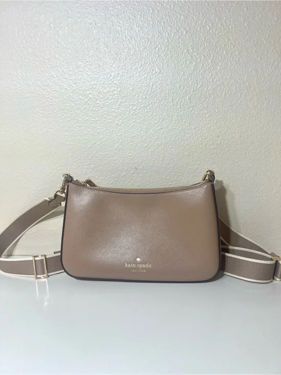 Kate Spade Taupe Pebbled Leather Crossbody with Striped Strap