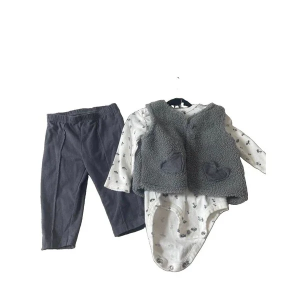 Carter's Unisex 3pc Pants Set 6-9M Printed Long Sleeve Bodysuit Vest