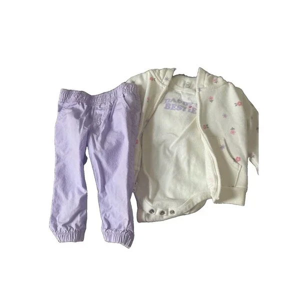 Geranimals Girls 3pc Pants Set 6-9M Floral Zip Hoodie Bodysuit Purple