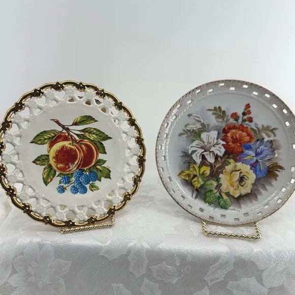 Vintage Decorative Pierced Plate White Gold Fruit Floral Reticulated Plate Wall