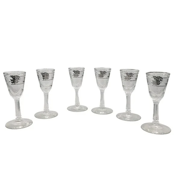 Set of 6 Clear Cordial Shot Glasses Silver Leaf Etched‎ Design