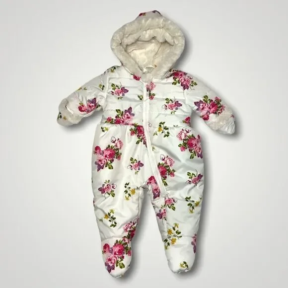 Rothschild Baby Girl White Floral Snowsuit Onesie Size 3-6 Months