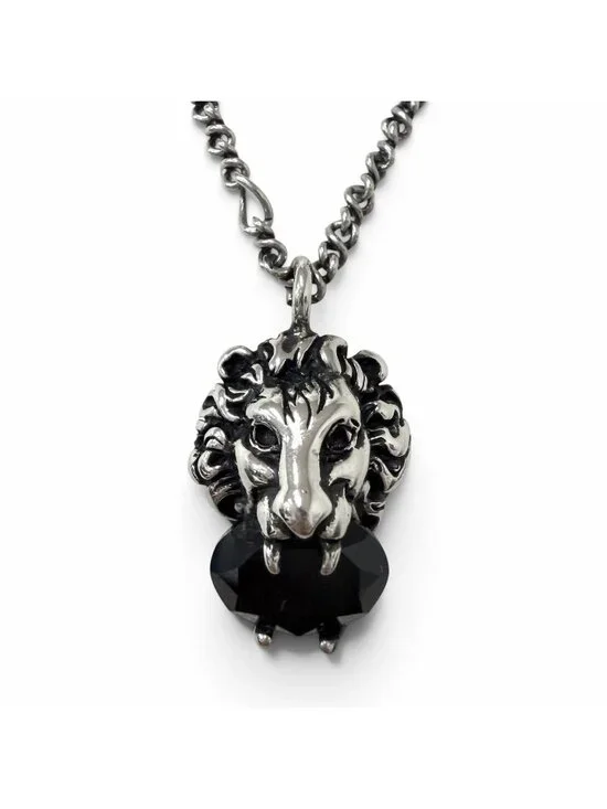 Gucci Lion Head Black Crystal Aged Pendant Silver Necklace