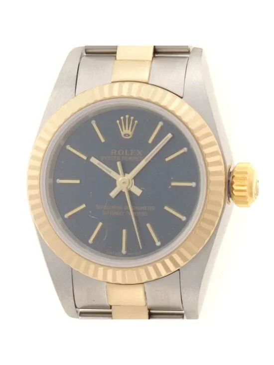 Rolex Oyster Perpetual 24 Watch 18k Yellow Gold SS Stainless Steel Navy Dial