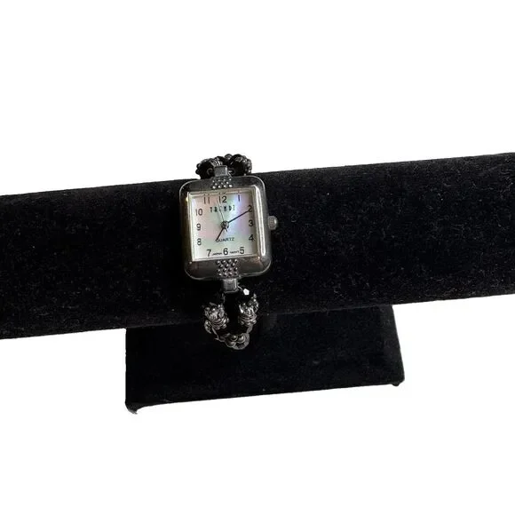 Trendz Pearlescent Face Crystal Beaded Clear Black Watch Womens 8
