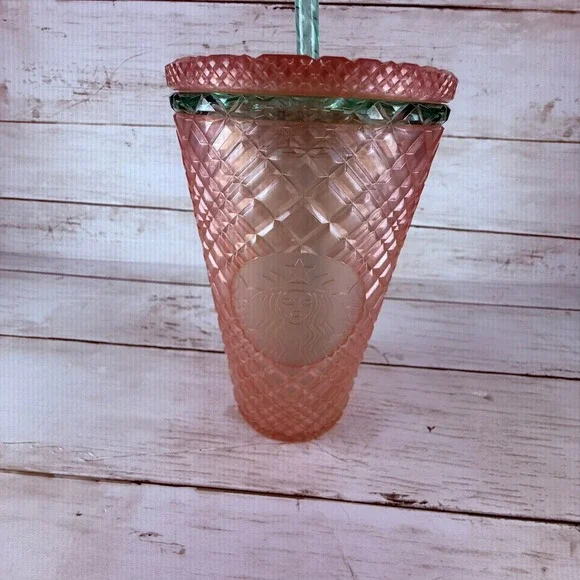 Starbucks 2021 Peach Pink Studded Grid Tumbler Teal Rim 16oz Cold Cup‎ Straw