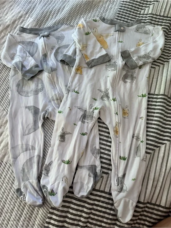 Baby Footed One-Piece Sleepers in Grey and White with Bunny Print
