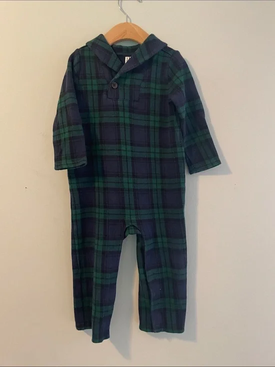 Janie and Jack Green & Navy Plaid Hooded One-Piece size: 18-24 months