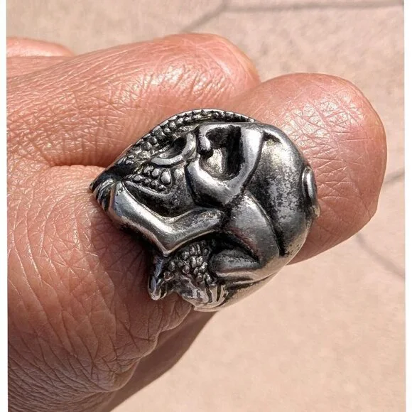 Vintage Silver Skull Ring Abstract Biker Style size 8 Gothic Chunky Adjustable