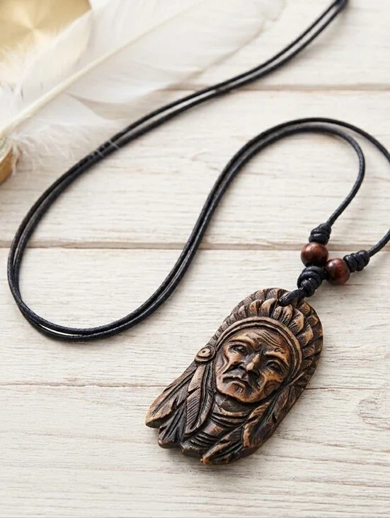 Retro Style Native American Head Portrait Men's Necklace‎ Faux Fashion Jewelry