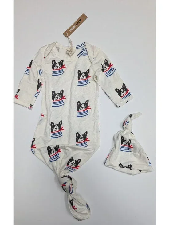 SpearmintLOVE French Bulldog Knotted Gown & Hat Baby Layette Set 0-3 mo Bamboo